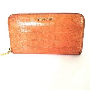 MIU MIU Croc Embossed Brown Leather Zip Long Wallet Clutch Logo Accordion Large
